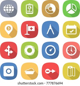 flat vector icon set - globe vector, report, circle diagram, dollar pin, medical flag, drawing compasses, terms, route, lifebuoy, barometer, watch, ring button, washing, electron, paper towel
