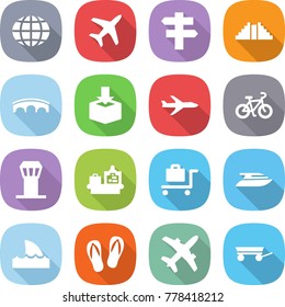 flat vector icon set - globe vector, plane, singlepost, pyramid, bridge, package, bike, airport tower, baggage checking, trolley, yacht, shark flipper, flip flops, trailer