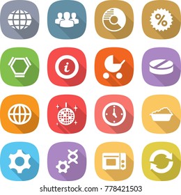 flat vector icon set - globe vector, group, circle diagram, percent, hex molecule, info, baby stroller, pill, disco ball, watch, washing, gear, dna edit, grill oven, reload