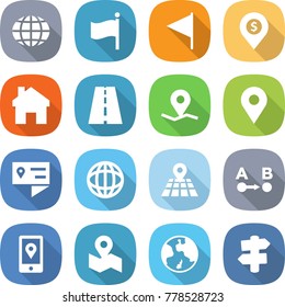 flat vector icon set - globe vector, flag, dollar pin, home, road, geo, location details, map, route a to b, mobile, earth, signpost