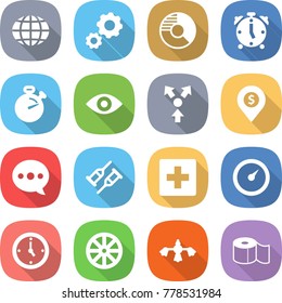flat vector icon set - globe vector, gear, circle diagram, alarm clock, stopwatch, eye, core splitting, dollar pin, balloon, crutch, first aid, barometer, watch, wheel, hard reach place cleaning