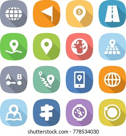 flat vector icon set - globe vector, flag, dollar pin, road, geo, map, route a to b, mobile location, signpost, compass, orbit