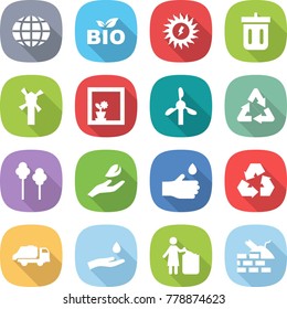 flat vector icon set - globe vector, bio, sun power, bin, windmill, flower in window, recycle, trees, hand leaf, drop, recycling, trash truck, and, garbage, construct
