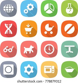 flat vector icon set - globe vector, gear, diagram, round flask, dna, add to cart, baby stroller, pill, pacemaker, dog, watch, table, ring button, grill oven, foam basin