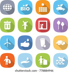 flat vector icon set - globe vector, bio, sun power, eco car, bin, windmill, flower in window, trees, hand drop, trash, truck, and, garbage, construct