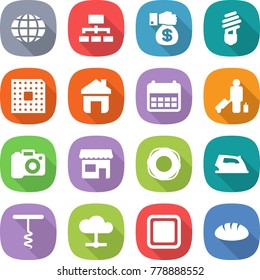 flat vector icon set - globe vector, hierarchy, money gift, bulb, cpu, home, calendar, passenger, camera, shop, lifebuoy, iron, corkscrew, cloud, cutting board, bread