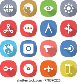 flat vector icon set - globe vector, circle diagram, eye, round around, spinner, balloon, drawing compasses, route, earth, ring button, hair dryer, photon, electron, cd, hard reach place cleaning