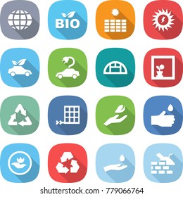 flat vector icon set - globe vector, bio, sun power, eco car, electric, greenhouse, flower in window, recycle, solar panel, hand leaf, drop, ecology, recycling, and, construct garbage
