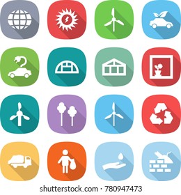 flat vector icon set - globe vector, sun power, windmill, eco car, electric, greenhouse, flower in window, trees, recycling, trash truck, hand and drop, construct garbage