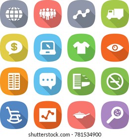 flat vector icon set - globe vector, team, graph, truck, money message, notebook, t shirt, eye, pills blister, sms, hotel, no smoking, rocking chair, analytics, pan, viruses