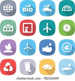 flat vector icon set - globe vector, bio, eco car, greenhouse, flower in window, windmill, solar power, sprouting, hand drop, ecology, recycling, trash bin, truck, and