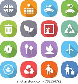 flat vector icon set - globe vector, sun power, eco car, electric, bin, leafs, flower in window, recycle, solar, trees, sprouting, windmill, ecology, recycling, trash, garbage