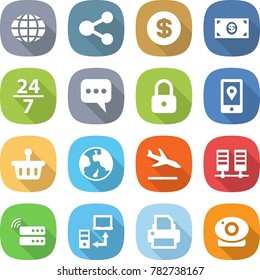 flat vector icon set - globe vector, share, dollar, money, 24 7, message, lock, mobile location, basket, earth, arrival, server, data transfer, printer, web camera