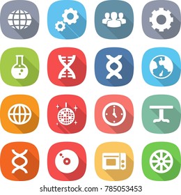 flat vector icon set - globe vector, gear, group, round flask, dna, earth, disco ball, watch, table, cd, grill oven, wheel