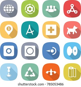 flat vector icon set - globe vector, around gear, group, spinner, dollar pin, draw compass, first aid, dog, ring button, photon, coil, laser, recycle, hard reach place cleaning, paper towel