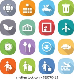 flat vector icon set - globe vector, sun power, eco car, bin, leafs, greenhouse, flower in window, windmill, solar, trees, ecology, trash truck, garbage, construct