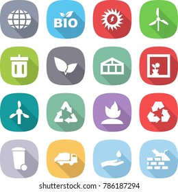 flat vector icon set - globe vector, bio, sun power, windmill, bin, leafs, greenhouse, flower in window, recycle, sprouting, recycling, trash, truck, hand and drop, construct garbage