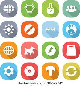 flat vector icon set - globe vector, hex molecule, round flask, group, around, pill, bridge, earth, dog, electricity, cutting board, gear, cd, mushroom, reload