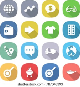 flat vector icon set - globe vector, graph, money message, smart glasses, wallet, right arrow, t shirt, pills blister, route, sms, scooter shipping, earth, pan, bbq