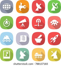 flat vector icon set - globe vector, satellite, antenna, rocket, telescope, laser, ufo, lunar rover, shopping list, mortar, photo