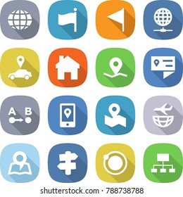 flat vector icon set - globe vector, flag, connect, car pointer, home, geo pin, location details, route a to b, mobile, map, plane shipping, signpost, orbit, hierarchy