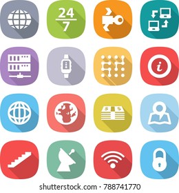 flat vector icon set - globe vector, 24 7, satellite, notebook connect, server, smart watch, chip, info, money, map, stairs, antenna, wireless, lock