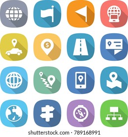 flat vector icon set - globe vector, flag, notebook, car pointer, dollar pin, road, location details, route, mobile, map, earth, signpost, compass, hierarchy