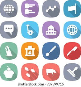 flat vector icon set - globe vector, diagram, graph, flag, message, gyroscooter, cottage, stands for knives, fireplace, big spoon, chef knife, cupcake, seeds, pig, scraper