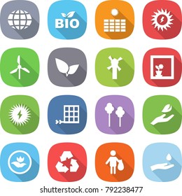 flat vector icon set - globe vector, bio, sun power, windmill, leafs, flower in window, solar, panel, trees, hand leaf, ecology, recycling, trash, and drop