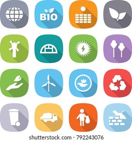 flat vector icon set - globe vector, bio, sun power, leafs, windmill, greenhouse, solar, trees, hand leaf, ecology, recycling, trash bin, truck, construct garbage