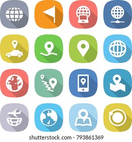 flat vector icon set - globe vector, flag, notebook, connect, car pointer, geo pin, route, mobile location, map, plane shipping, earth, orbit