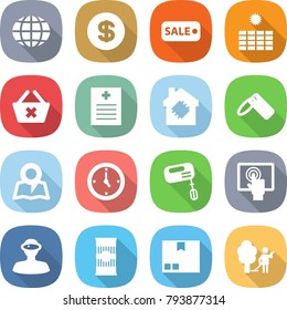 flat vector icon set - globe vector, dollar, sale, sun power, delete cart, recipe, smart house, label, map, watch, mixer, touchscreen, vr helmet, pasta, package, garden cleaning