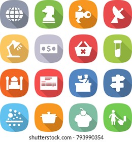 flat vector icon set - globe vector, chess horse, satellite, antenna, table lamp, money, delete cart, test vial, minaret, invoice, inspector, signpost, filter, pan, cupcake, toilet cleaning