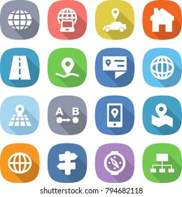 flat vector icon set - globe vector, notebook, car pointer, home, road, geo pin, location details, map, route a to b, mobile, signpost, compass, hierarchy