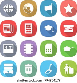 flat vector icon set - globe vector, circle diagram, flag, star, newspaper, abacus, graduate hat, market scales, tools, chip, sim card, saute pan, double boiler, trash bin, scoop, garbage