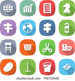 flat vector icon set - globe vector, diagram, abacus, chess horse, singlepost, earth, signpost, do not distrub, chair, colander, scissors, food processor, potato, rake, foam bucket, clothespin