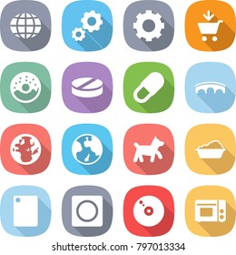 flat vector icon set - globe vector, gear, add to cart, donut, pill, bridge, earth, dog, washing, cutting board, ring button, cd, grill oven