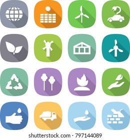 flat vector icon set - globe vector, sun power, windmill, electric car, leafs, greenhouse, recycle, trees, sprouting, hand leaf, drop, trash truck, and, construct garbage