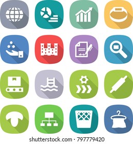 flat vector icon set - globe vector, diagram, smart bracelet, chemical industry, palace, inventory, cargo search, transporter tape, pool, conveyor, rolling pin, mushroom, hierarchy, trash bin