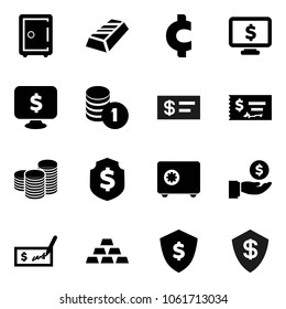 Flat vector icon set - gold ingot vector, investment, coin stack, check, dollar shield, safe, monitor, cent sign