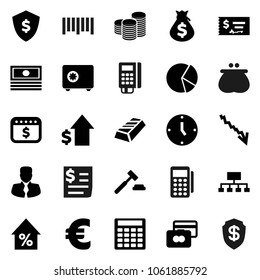Flat vector icon set - gold ingot vector, pie graph, credit card, cash, crisis, percent growth, money bag, manager, dollar, coin stack, auction, check, calculator, clock, shield, safe, hierarchy