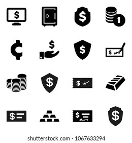 Flat vector icon set - gold ingot vector, investment, coin stack, check, dollar shield, safe, monitor, cent sign
