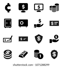 Flat vector icon set - gold ingot vector, investment, coin stack, check, safe, monitor dollar, cent sign, shield