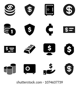Flat vector icon set - gold ingot vector, investment, coin stack, check, dollar shield, safe, monitor, cent sign