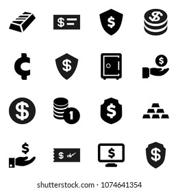 Flat vector icon set - gold ingot vector, investment, coin stack, dollar shield, safe, monitor, cent sign, check