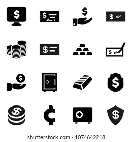 Flat vector icon set - gold ingot vector, investment, coin stack, check, dollar shield, safe, monitor, cent sign
