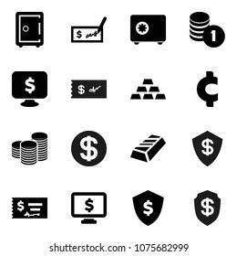Flat vector icon set - gold ingot vector, coin stack, check, dollar shield, safe, monitor, cent sign