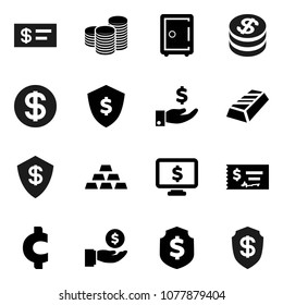 Flat vector icon set - gold ingot vector, investment, coin stack, check, dollar shield, safe, monitor, cent sign