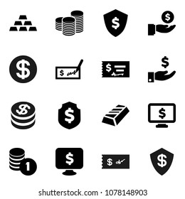 Flat vector icon set - gold ingot vector, investment, coin stack, check, dollar shield, monitor