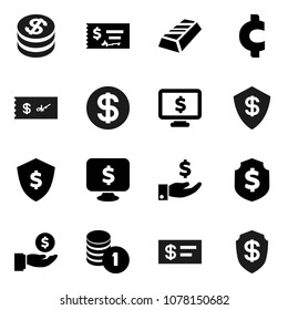 Flat vector icon set - gold ingot vector, investment, coin stack, check, dollar shield, monitor, cent sign